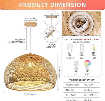 Arturesthome 23.6" Weaving Bamboo Pendant Light for Kitchen Island, Wicker Chandelier, Handmade Woven Hanging Ceiling Light Lampshade for Living Room Bedroom