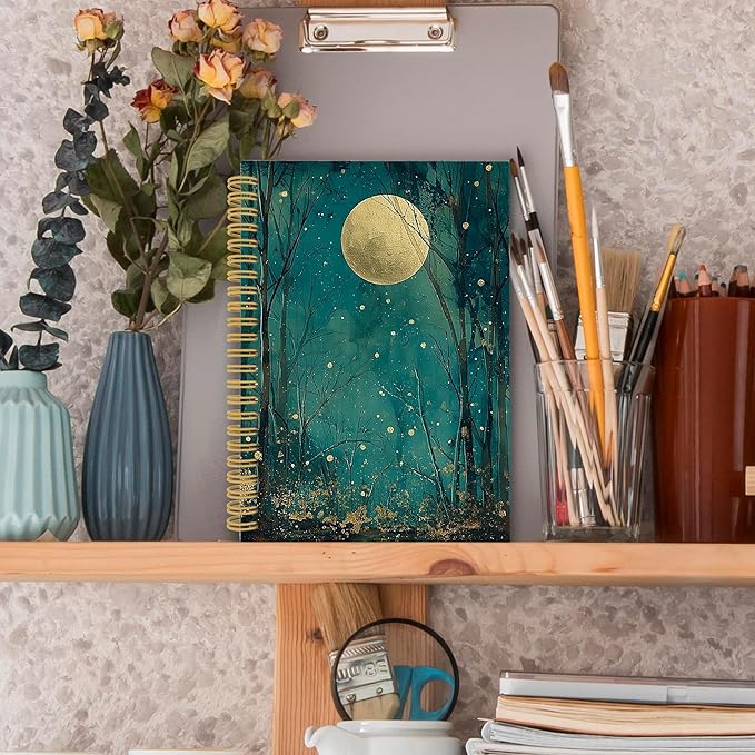 XPH Nature Forest Moon Spiral Notebook, Dark Cottagecore Academia Journaling Notebooks for Women, Mystical Forest Landscape Hardcover Journals for Writing 160 Pages 5.5 x 8.3 Inch, Moon Gifts