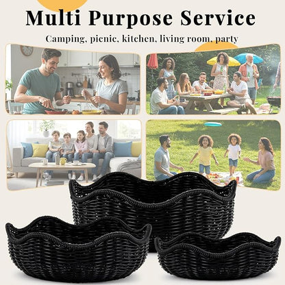 3 Pcs Wicker Bread Basket Plastic Rattan Woven Bread Baskets for Serving Rattan Fruit Bowl Kitchen Restaurant Counter Organizing (11.4'',10.3'',8.7'')