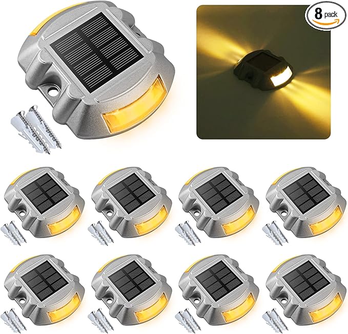 Solar Deck Lights Driveway Dock Lights, VOLISUN 8-Pack Led IP67 Waterproof Outdoor Warning Step Lights for Driveway Sidewalk Garden Pathway Yard(Warm White)