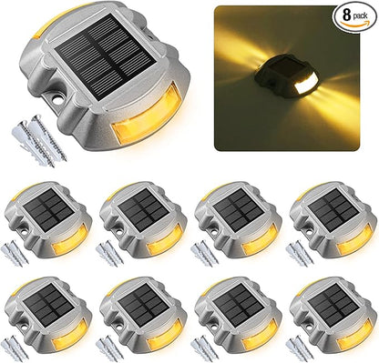Solar Deck Lights Driveway Dock Lights, VOLISUN 8-Pack Led IP67 Waterproof Outdoor Warning Step Lights for Driveway Sidewalk Garden Pathway Yard(Warm White)