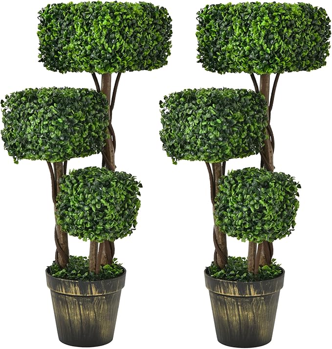Goplus 36” 2 Pack Artificial Triple Square Shaped Boxwood Topiary Tree W/Cement-Filled Plastic Pot, Fake Plant Faux Greenery Plant Indoor & Outdoor Decoration for Home Office Garden Patio Entrance