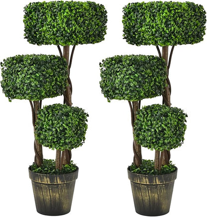 Goplus 36” 2 Pack Artificial Triple Square Shaped Boxwood Topiary Tree W/Cement-Filled Plastic Pot, Fake Plant Faux Greenery Plant Indoor & Outdoor Decoration for Home Office Garden Patio Entrance