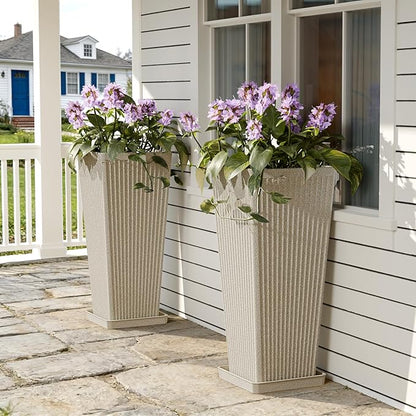 Square Tall Planters for Outdoor Plants Set of 2-23.6" Heavy-Duty Classic Tapered Indoor Flower Pots with Drainage Holes/Partition/Tray, Large Outdoor Planters for Porch Patio Garden, Beige