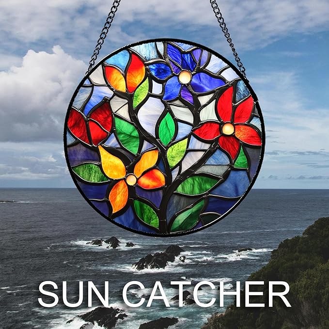 Stained Glass Window Hanging Colorful Flowers and Leaves Large 15" - Suncatcher Door Garden Sun Catcher Home Decor Birthday Christmas Mother's Day for Mom Men Woman Nana Friend