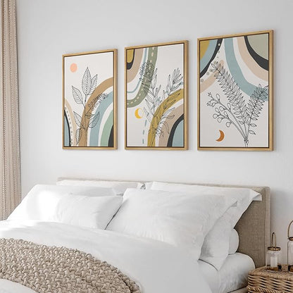 Ashbrook Framed Wall Art Print Set 1960s Retro Floral Forest Plant Silhouettes Abstract Nature Illustrations Modern Art Boho Colorful for Living Room, Bedroom, Office - 24"x36"x3 NATURAL
