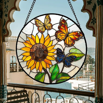 Stained Glass Window Hanging, Butterfly and Sunflowers Sun Catchers Glass Panel Plant Insects Suncatcher Decor for Birthday for Women, Men, Wife, Aunt, and Mom 14.9x14.9 in
