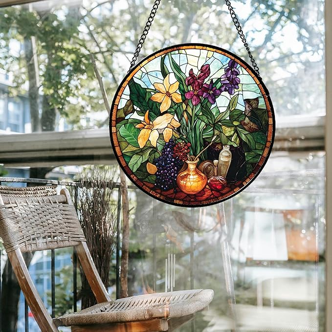 Stained Glass Window Hanging Berry Plant Purple Yellow Flowers in Vase 9.8" - Suncatcher Door Garden Sun Catcher Home Decor Birthday Christmas for Mom Men Woman Nana
