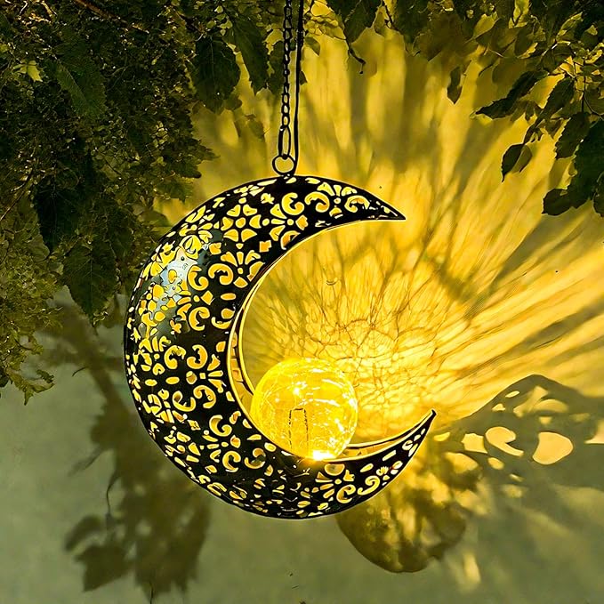 Solar Garden Hanging Moon Lights Outdoor Decor,Metal Lanterns Art Decorations for Outside Yard Lawn Patio Wall Fences Driveway Trail,Unique Housewarming Gardening Gifts for Women Mom