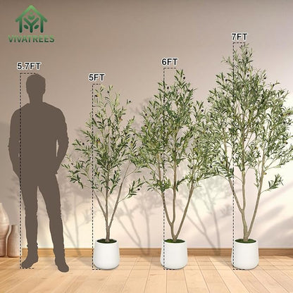 Olive Trees Artificial Indoor, 7FT Tall Faux Olive Tree with White Tall Planter, Artificial Plants with Natural Wood Trunk and Lifelike Fruits for Home Office Decor