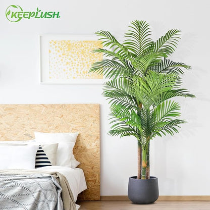 6ft Tall Triple Golden Cane Palm Artificial Tree Large Tropical Palm Tree UV Resistant Fake Plant in Pot for Indoor Outdoor Big House Living Room Outside Patio Office Home Decor 1Pack