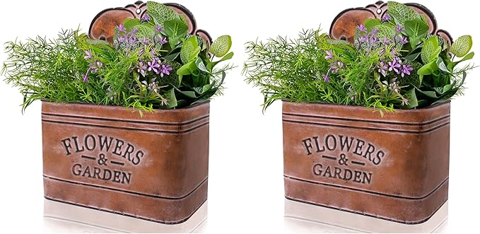CVHOMEDECO. Farmhouse Metal Wall Planter Rustic Galvanized Flower Holder Wall Mount Flower pots for Indoor, Outdoor and Wall Decor, Set of 2 (Rusty)