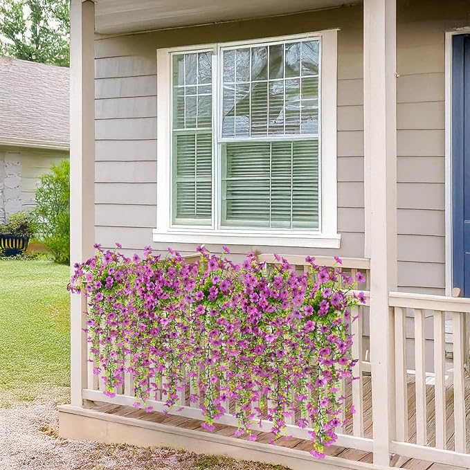 Fake Artificial Hanging Flowers for Outdoors, 2 Pcs Artificial Hanging Plants Spring Summer Decor, UV Resistant No Fade Faux Silk Daisy Flower for Planter Front Door Porch Patio Yard Garden(Purple)