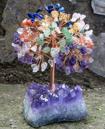 7 Chakra Tree of Life - Crystal Tree for Positive Energy, Gemstone Tree, Feng Shui Tree - Amethyst Cluster Base, Seven Chakra Tree, Money Tree Bonsai,Gem Tree, Healing Crystal Decor - Spiritual Gift