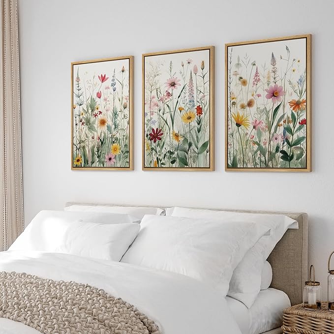 Ashbrook Framed Canvas Print Wall Art Set Garden Forest Wildflowers Nature Wilderness Illustrations Modern Art Decorative Floral Botanical Minimal Calm/Relax/Cozy for Bedroom - 16"x24"x3 NATURAL