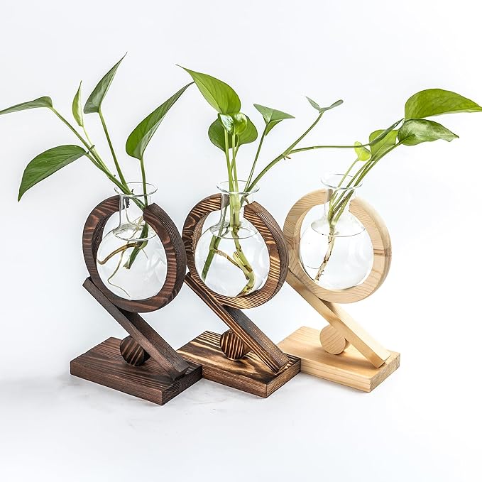 Plant Propagation Station,Plant Terrarium with Wooden Stand,Air Planter Bulb Glass Vase Holder Table Top Decor,Birthday Gifts for Home Office Garden Boho Desk Decor (Light Wood Color)