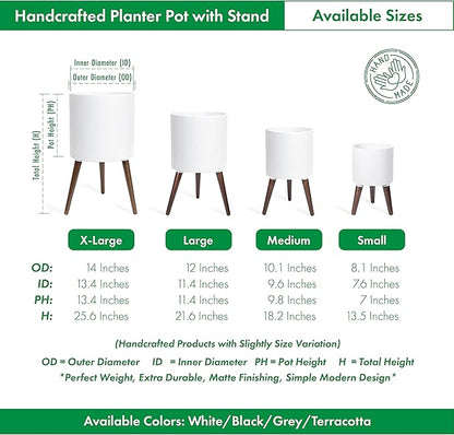 D'vine Dev 10 Inch Planter Pot with Stand, Mid-Century Tall Plant Pot with Legs for Indoor Plants, Medium, White, 88-O-B-1