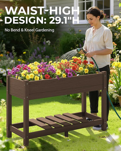 SERWALL Raised Garden Bed with Legs Set of 2, 43"×17"×30" Large HDPE Elevated Planter Box for Vegetables Flower Herb Patio, All Weather Use- Brown