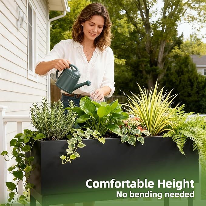 Worth Set of 2 Raised Metal Planter Box with Legs, Large & Small Matte Black Galvanized Steel Elevated Garden Beds with Drainage Hole & Plug for Vegetables, Flowers & Herbs, Indoor & Outdoor Use