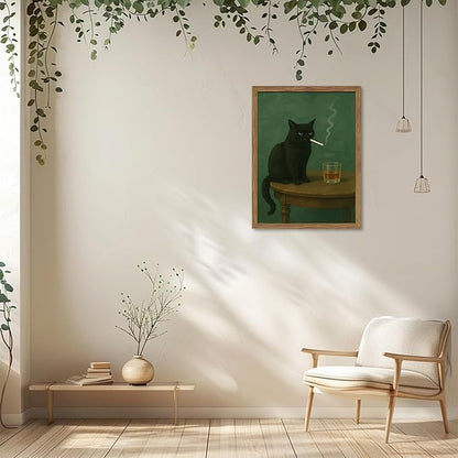 Framed Moody Black Cat Wall Art, Dark Humor Wall Decor, Vintage Whiskey Cat Poster Canvas Print, Funny Black Cat Picture Artwork Decor for Living Room Bedroom Office – 12x16 inch