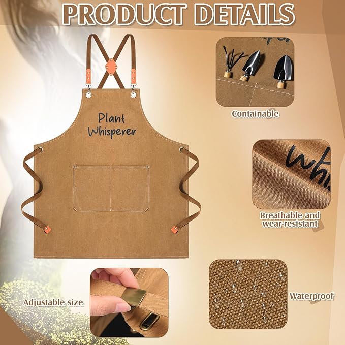 Tarpop Garden Tool Set Christmas Plant Whisperer Gardening Gifts for Women, 7 Pcs Vegetable Planting Tool Kit Cap Canvas Apron Gloves Soil Scoop Transplant Trowel Cultivator Flower Tub(Brown)