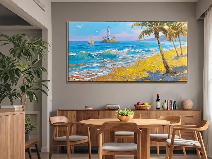 Brushart Beach Nautical Wall Art for Living Room Large Coastal Bedroom Pictures Paintings Wall Decor Ocean Textured Artwork for Dining Room Walls Home Office, Framed 58"x29"