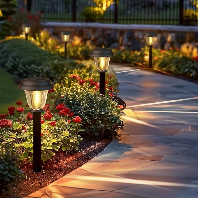DERAYSION Solar Lights Outdoor 6 Pack, Stainless Steel Glass Solar Pathway Lights, Auto On/Off Long-Lasting Waterproof Landscape Lighting for Garden, Landscape, Path, Yard, Warkway (Warm White)
