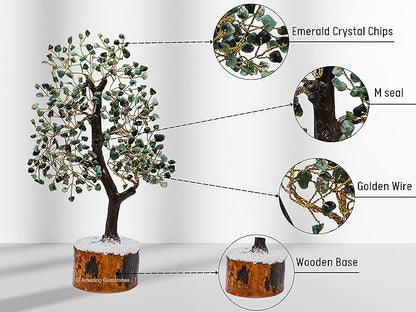 Amazing Gemstone Emerald Natural Healing Premium Crystal Bonsai Feng Shui Fortune Money Tree of Life for Home Office Decor, 10-12 Inch