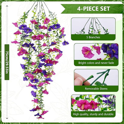 Fake Hanging Plants, Faux Hanging Plant Artificial Greenery for Living Room Bedroom Boho Wall Shelf Indoor Outdoor Decor (4-Pack, Purple Pink Morning Glory)