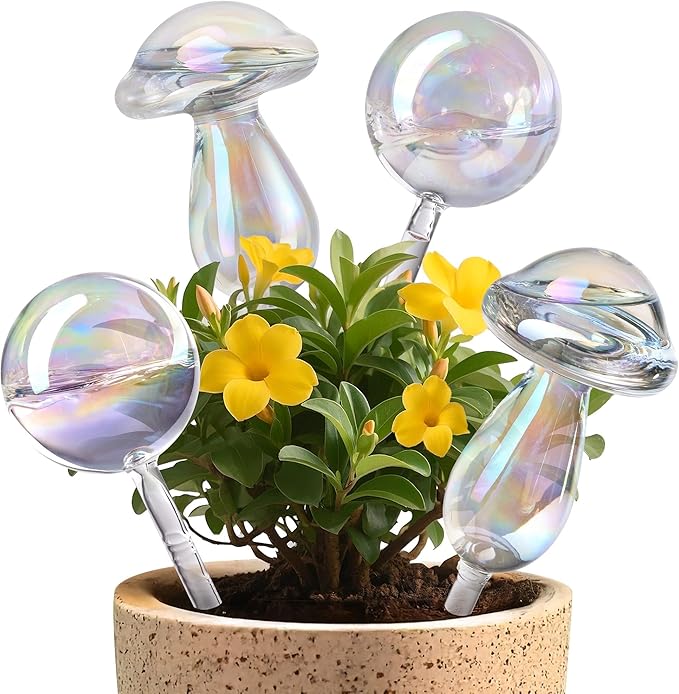 ZhenD Iridescent Self-Watering Plant Globes and Mushroom, Glass Self Watering Planter Insert for Indoor and Outdoor, Automatic Plant Waterer, Hand-Blown Premium Glass – 4 Pack
