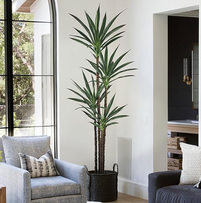 Artificial Agave Tree 6FT with 60 Leaves & 4 Trunks & Elegant Black Pot Realistic Tall Large Fake Faux Modern Tree 72 Inch for Indoor Home Office Porch Store Corner Decor Housewarming Gift