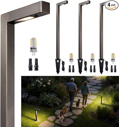 Gardenreet Brass Low Voltage Path Lights, Waterproof Landscape Pathway Light, 12V LED Outdoor Bronze L Shape Walkway Lamp for Driveway Sideway Garden with 3W 270LM 5000K G4 Bulb 4 Pack
