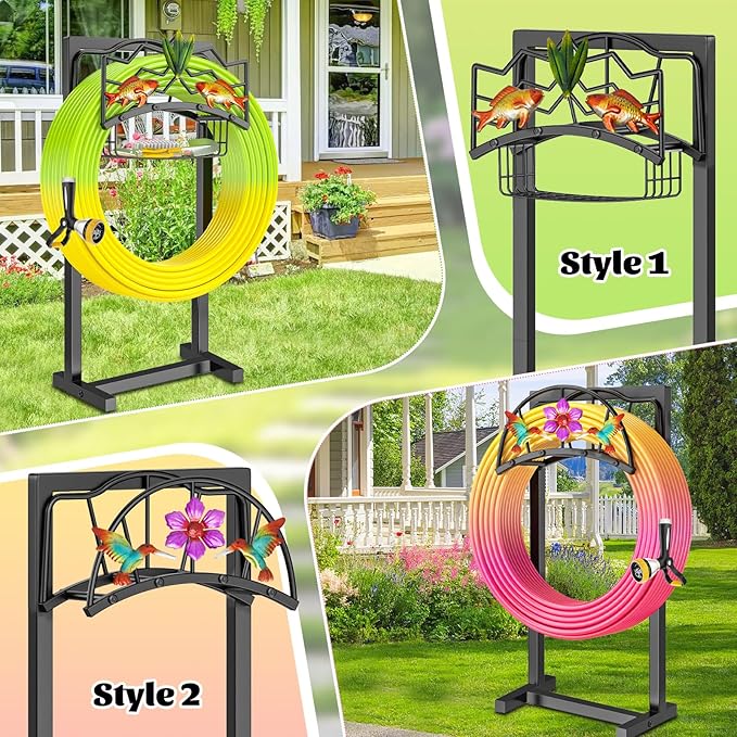 Garden Hose Holder, Heavy Duty Metal Water Hose Holders Stand with 4 Spikes, Freestanding Outdoor Water Pipe Storage Rack Hanger 150ft for Outside Yard Lawn Decor