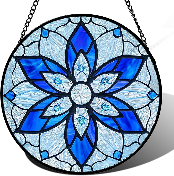 Stained Glass Window Hanging, Blue Tiffany Style Flowers Sun Catcher for Window Door Home Decor Suncatcher Christmas Mother's Day Birthday Gifts for Women Men Mom and Nana 9.8 in