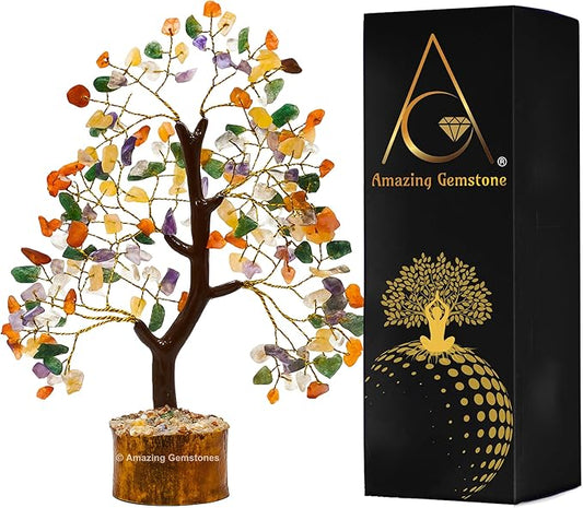 Multi Gemstone Natural Healing Premium Crystal Bonsai Feng Shui Fortune Money Tree of Life for Home Office Decor (Gift Box Ready,10-12 Inch)