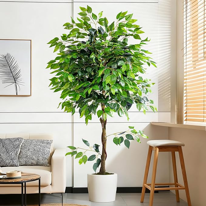 Artificial Ficus Tree 6FT Artificial Plants Indoor Fake Ficus for Indoor Home Decor, 150% Foliage Density Realistic Faux Tree Fake Floor Plant with Leaves for Living Room, Office, House Plant
