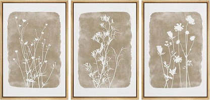 Ashbrook Framed Canvas Print Wall Art Set Vintage Country Farmhouse Flower Silhouette Nature Wilderness Illustrations Floral Botanical Minimal Calm/Relax/Cozy for Bedroom - 16"x24"x3 NATURAL
