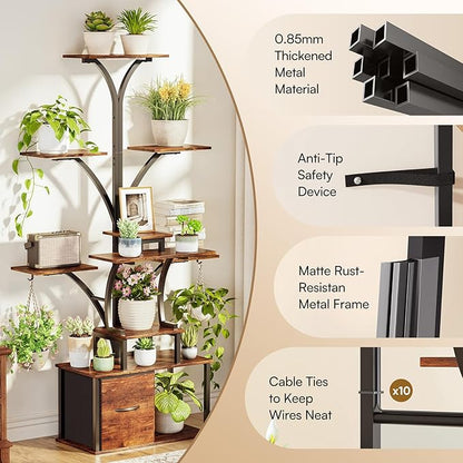 63" Plant Stand Indoor with Grow Lights, 10 Tiered Plant Shelf with Drawer, Corner Plant Stands for Indoor Plants, Metal Plant Flower Display Shelf, Tree-Shaped Plant Rack for Home, Black (2, Black)