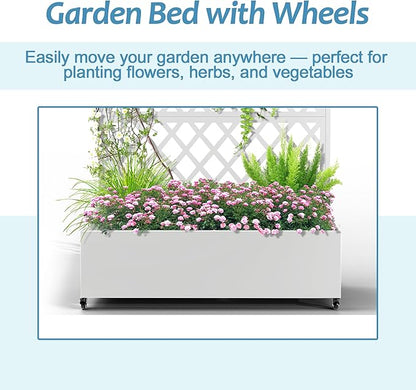 Metal Planter Box with Trellis & Wheels, Raised Garden Bed with Privacy Screen, Outdoor Standing Flower Beds with Drainage Hole for Climbing Plants, Vine, 47.2''L×15.7''W×70.9''H, White
