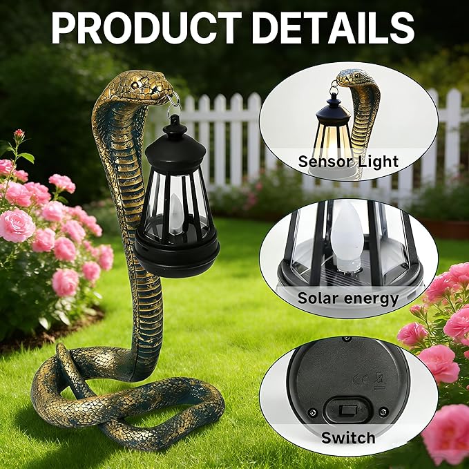 Solar Garden Outdoor Statues Snake with Solar Lights Outdoor Chrismtas Decorations - Lawn Decor Snake Statue for Patio, Balcony, Yard Ornament - Unique Housewarming Gifts（11.22" Bronze Colored）