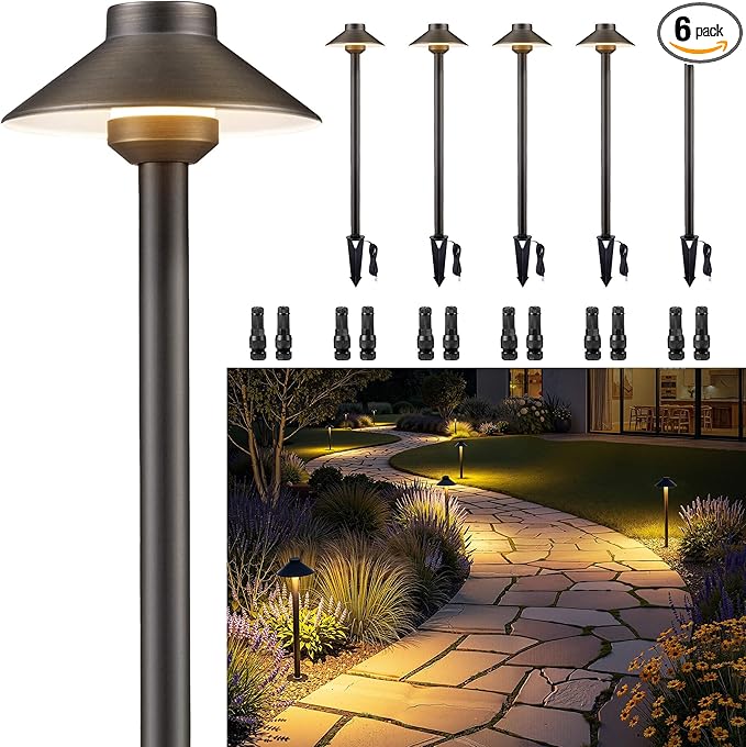 Gardenreet Brass Low Voltage Pathway Lights - 12V Landscape Path Lights Wired, LED Walkway Light Waterproof IP65, Hat Shaped ‎Classic Bronze for Outdoor Entrance Garden G4 Bulb Not Included (6 Pack)