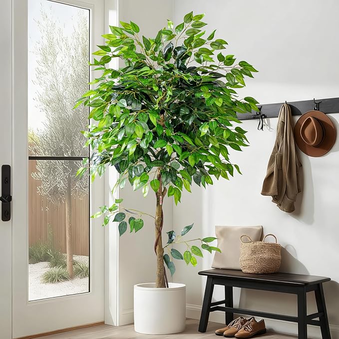 Artificial Ficus Tree 6FT Artificial Plants Indoor Fake Ficus for Indoor Home Decor, 150% Foliage Density Realistic Faux Tree Fake Floor Plant with Leaves for Living Room, Office, House Plant