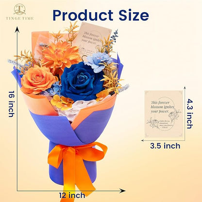 TINGE TIME Preserved Flowers Bouquet, Orange & Navy Blue Roses Gift Bouquet, Aritifical Flowers Gifts for Women, Eternal Roses Bouquet for Wife Anniversary Christmas Anniversary Home Décor