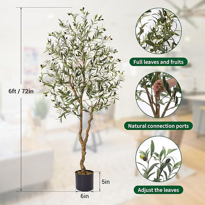 6 Ft Artificial Olive Trees, Fake Potted Silk Plant Faux Olive Tree with Trunk and Fruits, Indoor Outdoor Artificial Tree Large Olive Plants for Living Room Home House Office Decor