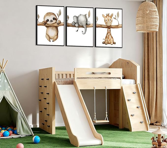 3Pcs Nursery Animal Wall Art Safari Nursery Picture Painting Jungle Animal Wall Decor Cute Elephant Sloth Giraffe Posters Prints Artwork for Boys Girls Baby Room Decoration 12x16in