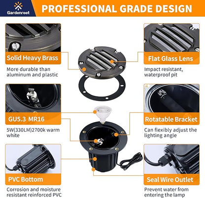 Gardenreet Brass In Ground Lights Kit(6 Pack) with 150W Low Voltage Transformer & MR16 Bulb & 100Feet Wire & Connectors, 12V LED Well Lighting for Outdoor Yard Garden Paver Path(Grated Top)