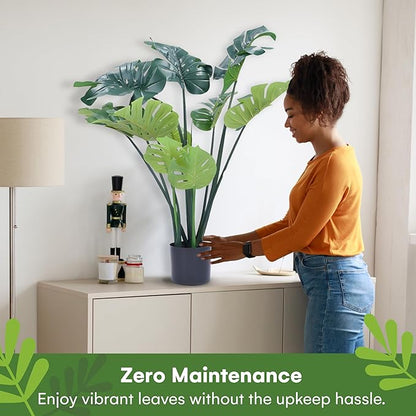 Flybold Artificial Monstera Plant - Fake Monstera Deliciosa Plant - 43 inches with 12 Large Leaves - Indoor/Outdoor Home or Office Decor - Odorless Tropical, Palm Tree Like Faux Plants