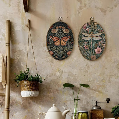 LKETW Vintage Floral Butterfly Dragonfly Oval Wall Art Decor, Dark Cottagecore Oval Canvas Hanging Decor, Rustic Wildflower Insect Wall Decorations for Home Living Room Bedroom, 8.6x11.4 Inch Set of 2