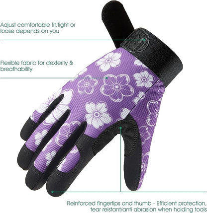 COOLJOB Small Gardening Work Gloves for Women Ladies, Thorn Proof for Rose Pruning, Cactus Handling, Blackberry Bush Planting, Puncture Resistant Anti-Slip Flexible 1 Pair S Floral Purple
