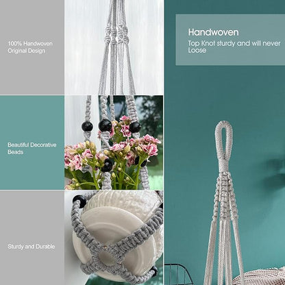 Macrame Plant Hanger for 5 to 10 Inch Plant Pots, Set of 2 Indoor Handmade 35 Inch Woven Rope Hanger Kits with Hooks and Wood Beads, Hanging Planter Basket Holder for Boho Home Decor (White, 2 Pack)